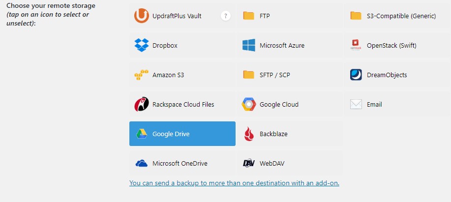 UpdraftPlus Remote Storage Options